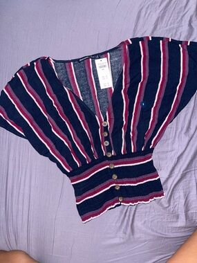 Abercrombie & Fitch Navy, Burgundy & White Striped Button Top